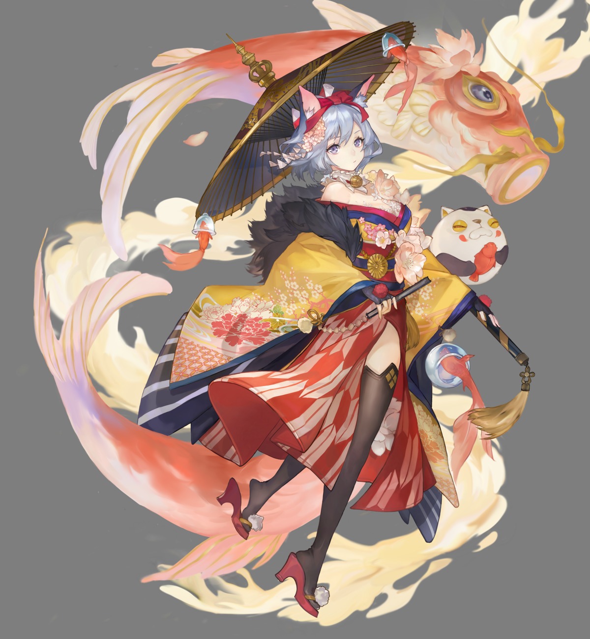 animal_ears, cleavage, heels, japanese_clothes, messikid, no_bra, open_shirt, skirt_lift