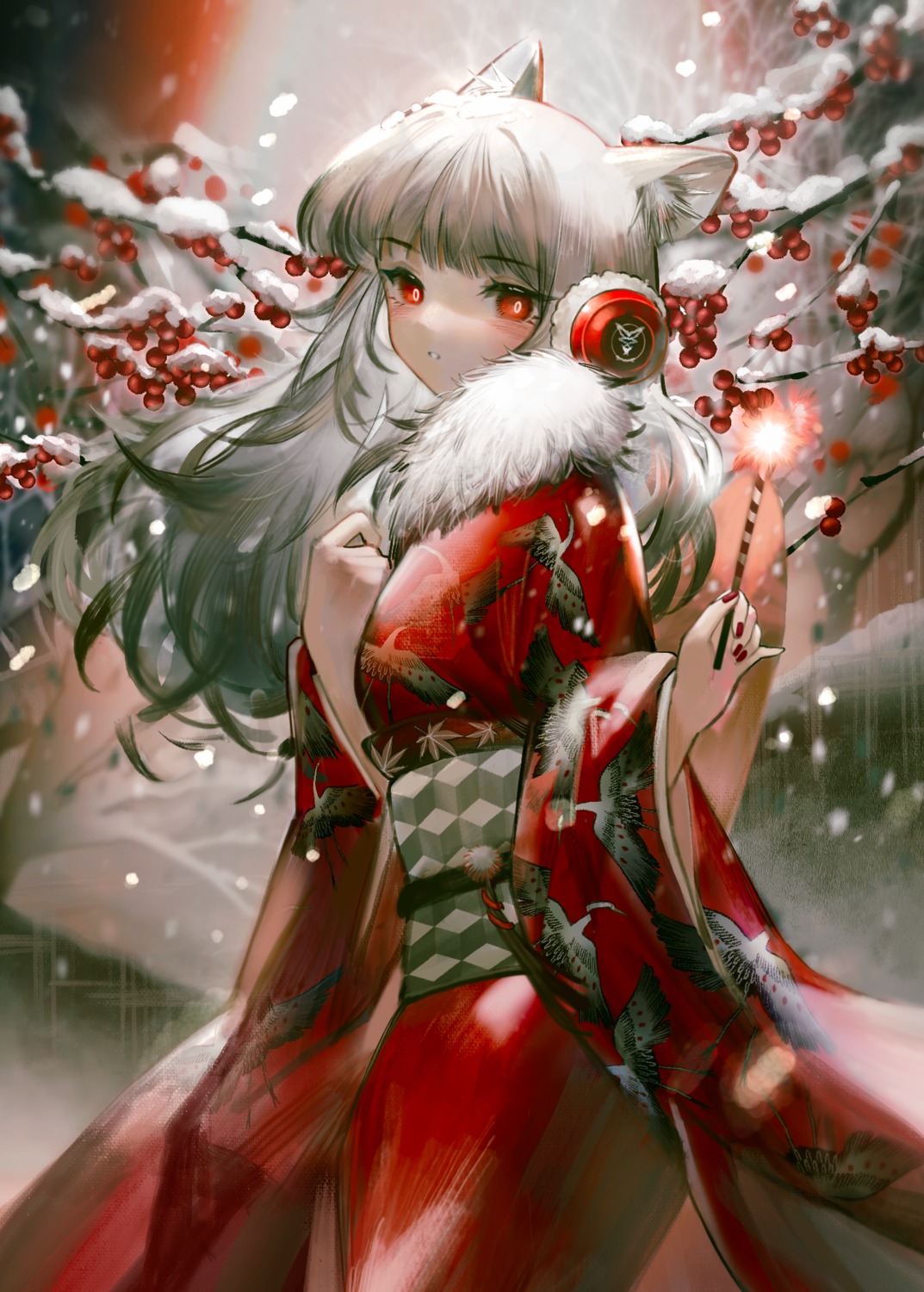 animal_ears, arknights, finn_zoey, frostleaf_(arknights), headphones, kimono