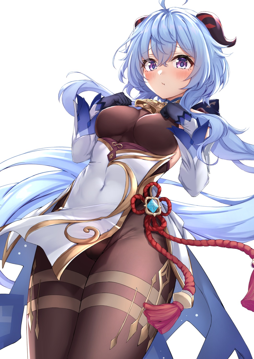 asian_clothes, ganyu, genshin_impact, horns, leotard, meri-san, pantyhose, skirt_lift