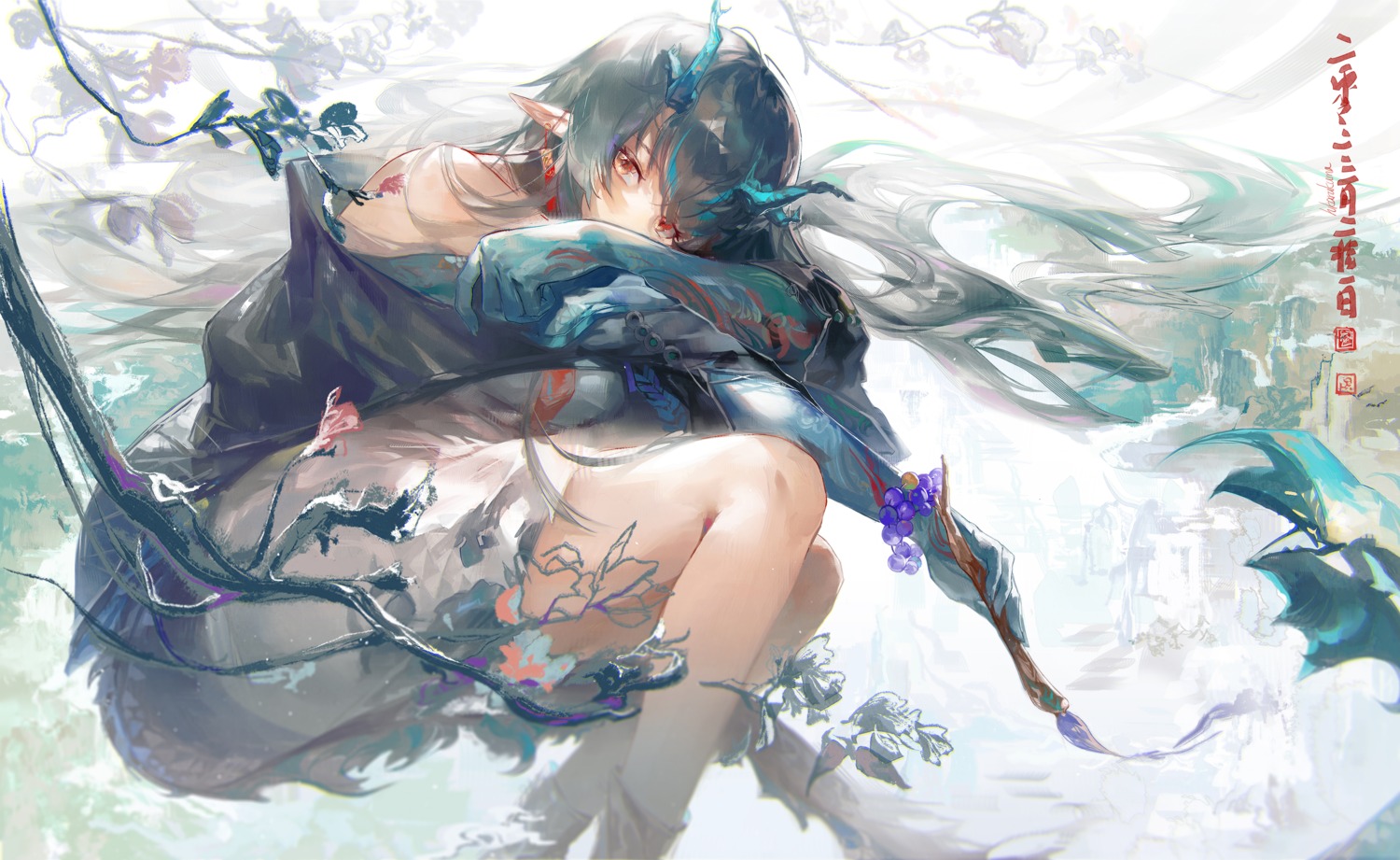 arknights, asian_clothes, daylightallure, dusk_(arknights), horns, pointy_ears, skirt_lift