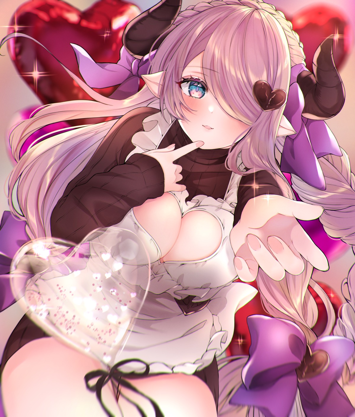 chitose_(chi_candy), cleavage, granblue_fantasy, horns, maid, narumeia_(granblue_fantasy), pointy_ears, sweater, valentine
