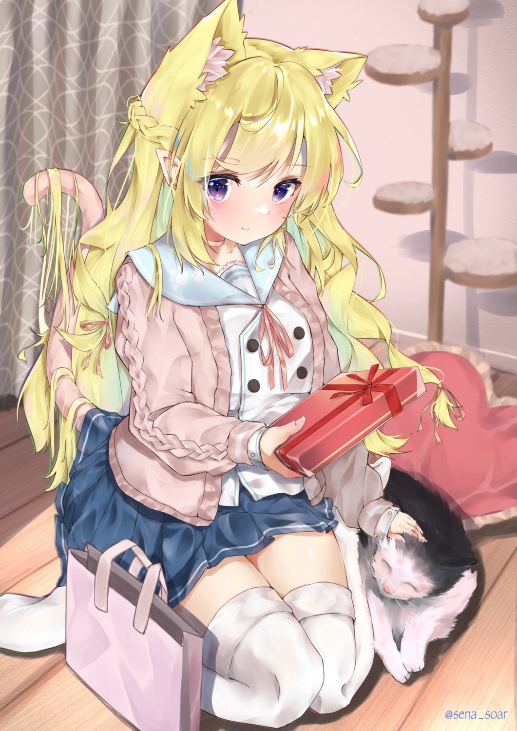 animal_ears, neko, nekomimi, pointy_ears, seifuku, sena_(sena_soar), skirt_lift, sweater