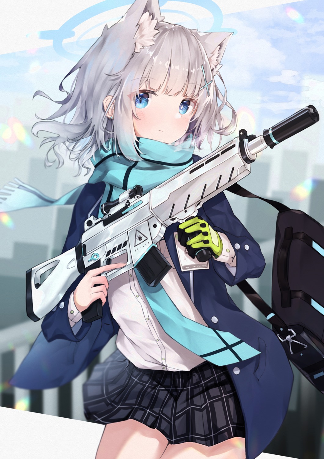 animal_ears, blue_archive, gun, nekomimi, seifuku, sena_(sena_soar), skirt_lift, sunaookami_shiroko