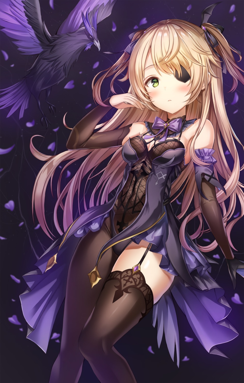eyepatch, fischl, fishnets, genshin_impact, kitin, stockings, thighhighs