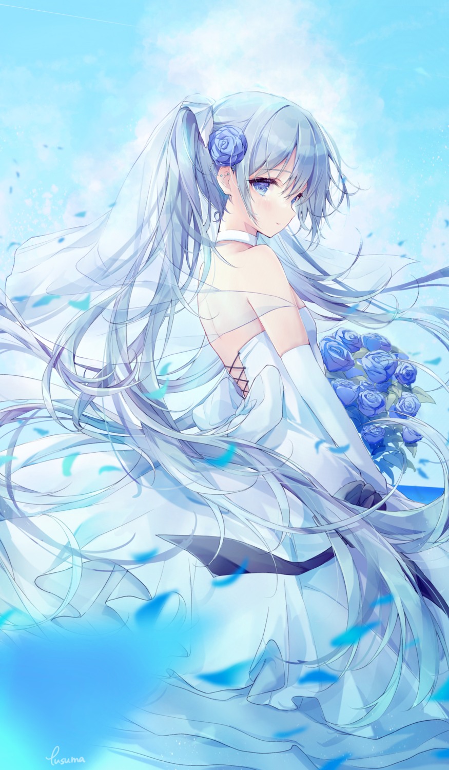 dress, fusuma_(ramunezake), hatsune_miku, no_bra, vocaloid, wedding_dress