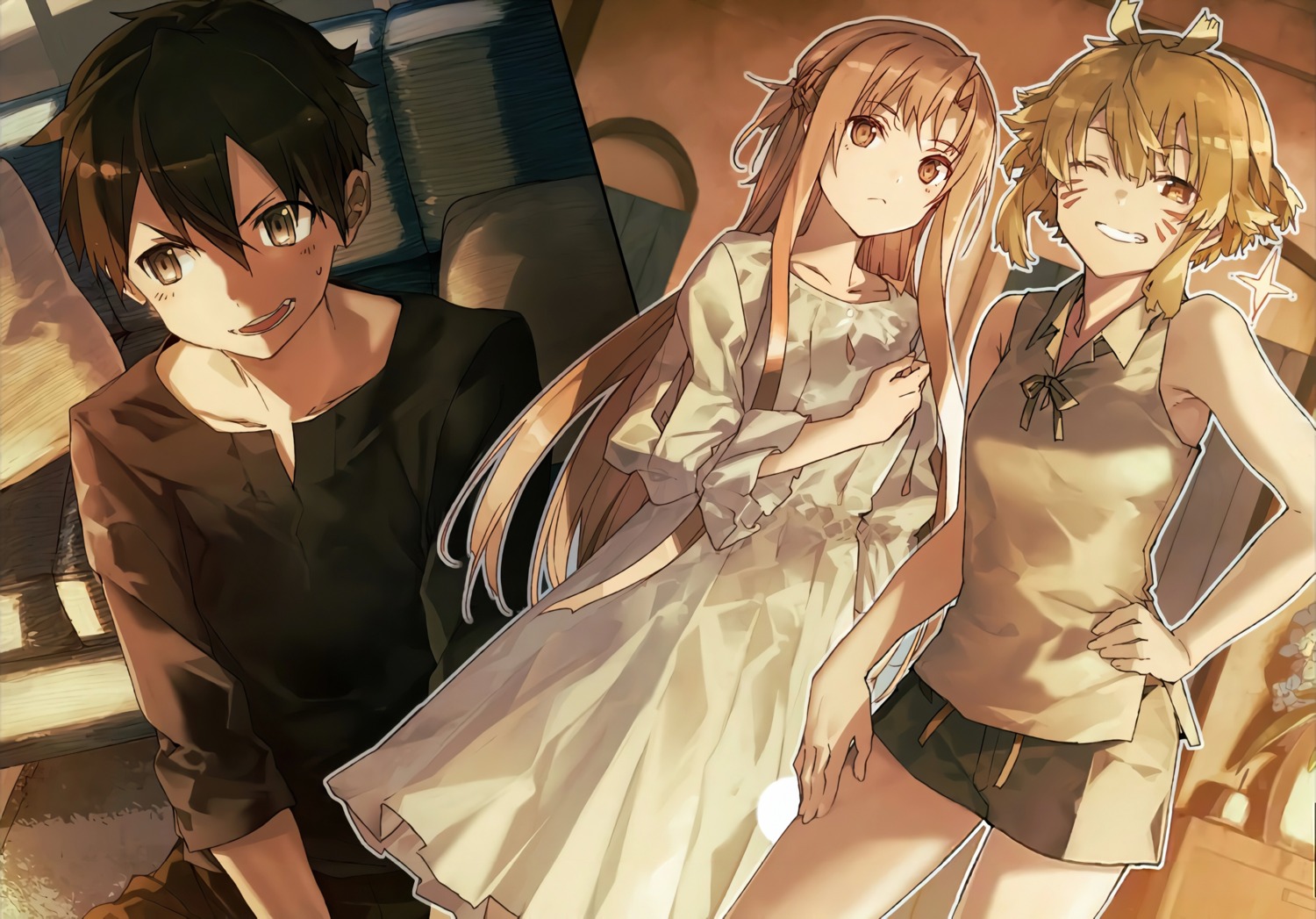 argo_(sword_art_online), asuna_(sword_art_online), bunbun, dress, kirito, sword_art_online, sword_art_online_progressive, tattoo