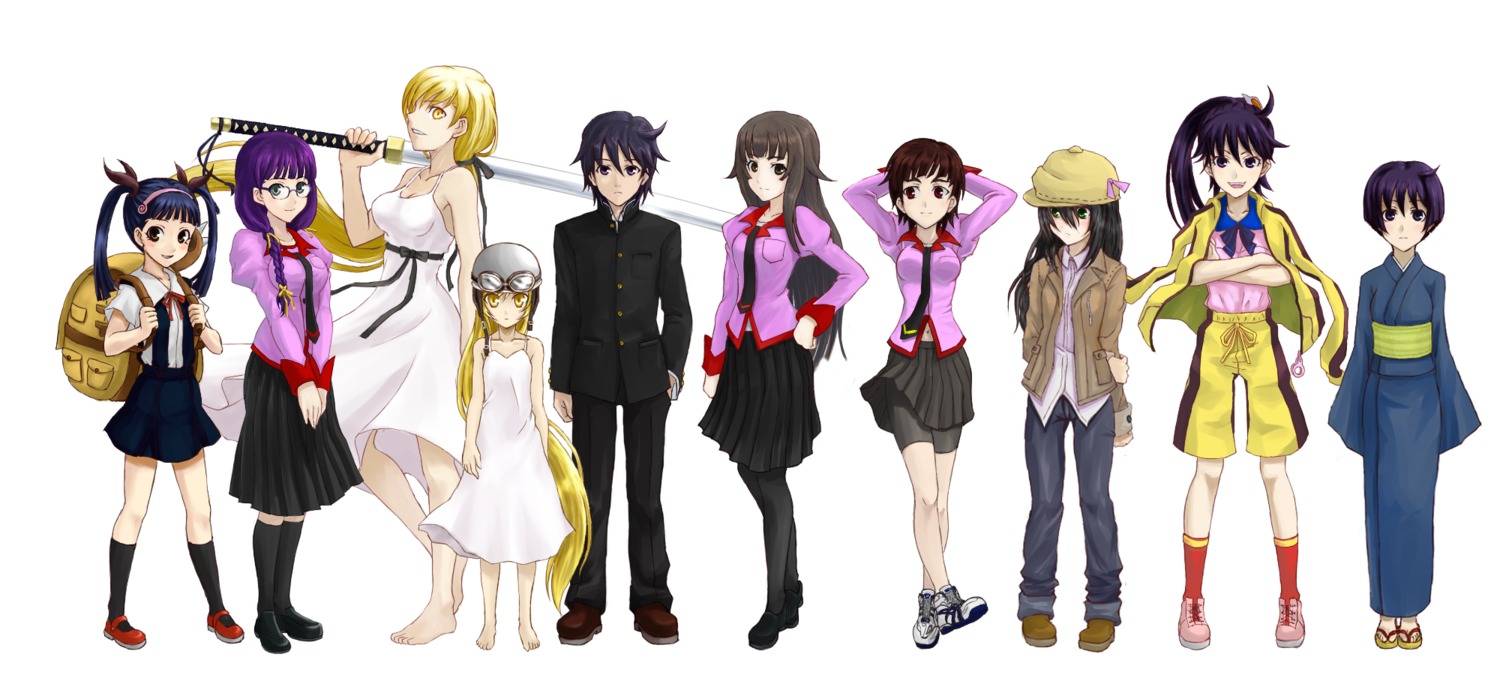 araragi_karen, araragi_koyomi, araragi_tsukihi, bakemonogatari, dress, hachikuji_mayoi, hanekawa_tsubasa, hizumi