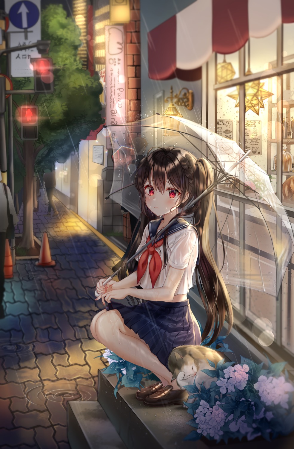 aina_156cm, neko, see_through, seifuku, skirt_lift, umbrella, wet, wet_clothes