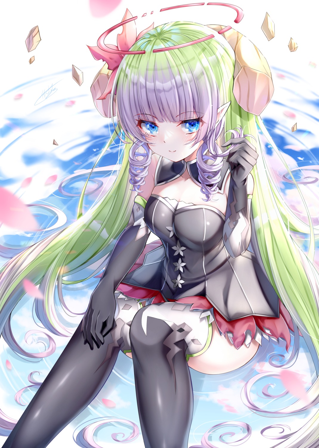 ames_(princess_connect), angel, dress, pointy_ears, princess_connect!, princess_connect!_re:dive, skirt_lift, takemura_kou, thighhighs