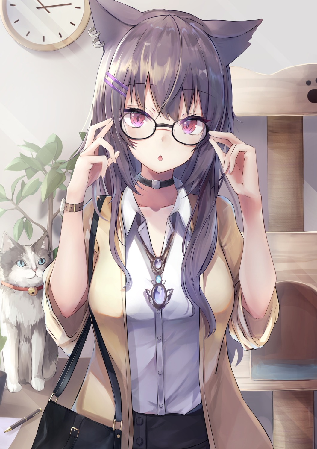 animal_ears, dress_shirt, kurohikage, megane, neko, nekomimi