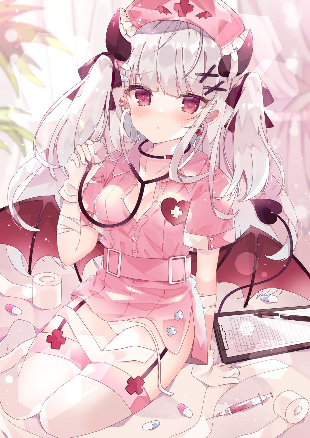 bandages, cleavage, devil, garter, horns, no_bra, nurse, open_shirt