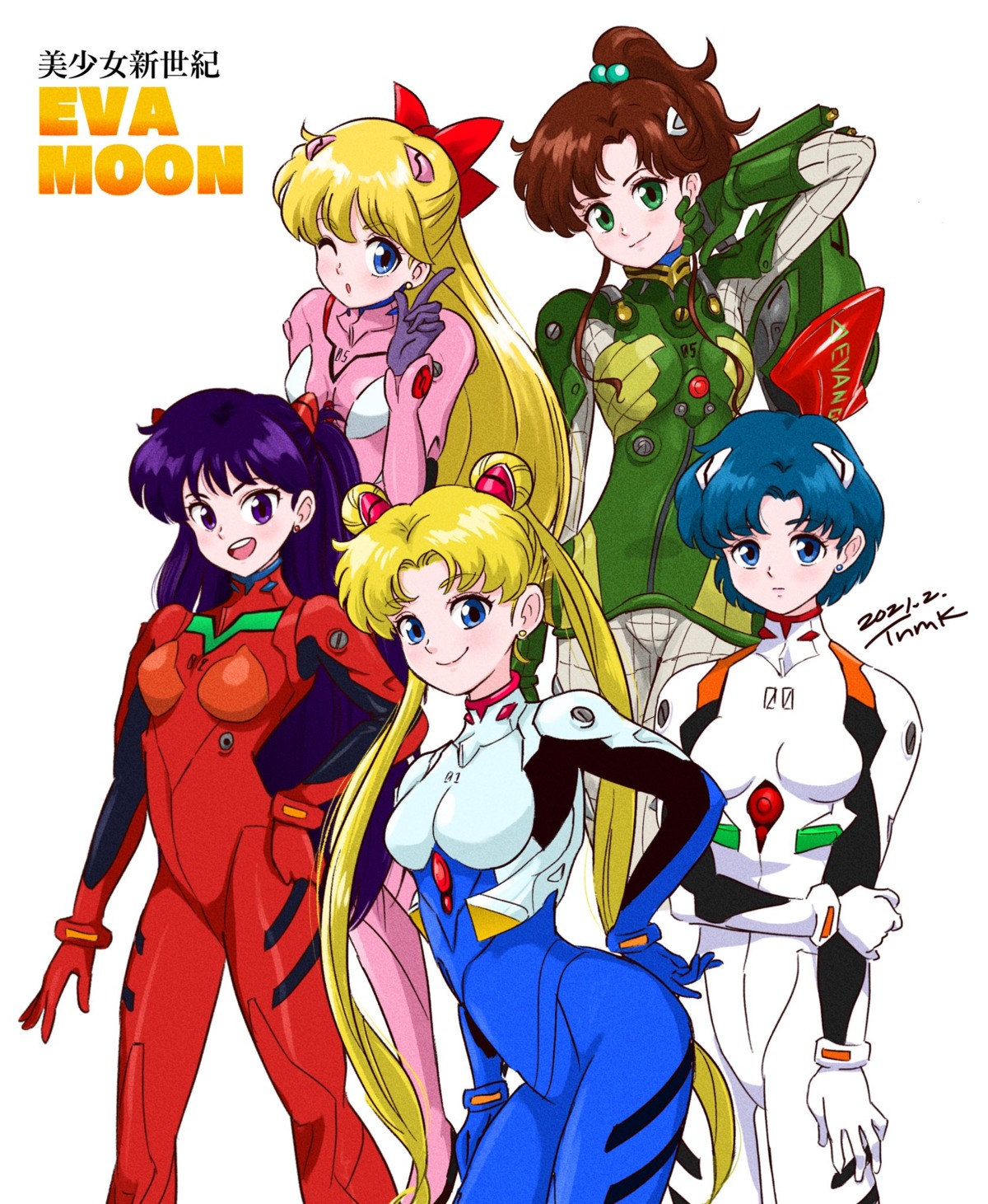 aino_minako, bishoujo_senshi_sailor_moon, bodysuit, cosplay, hino_rei, kino_makoto, mizuno_ami, neon_genesis_evangelion, tsukino_usagi, tsunemoku