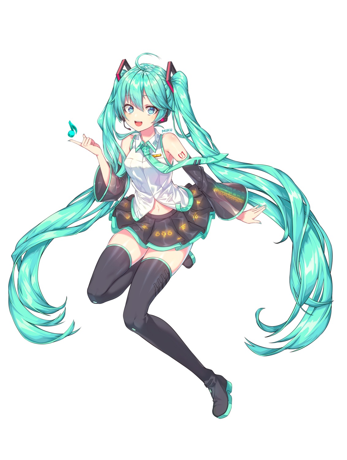 hatsune_miku, headphones, kinos_(kw00789), skirt_lift, tattoo, thighhighs, vocaloid