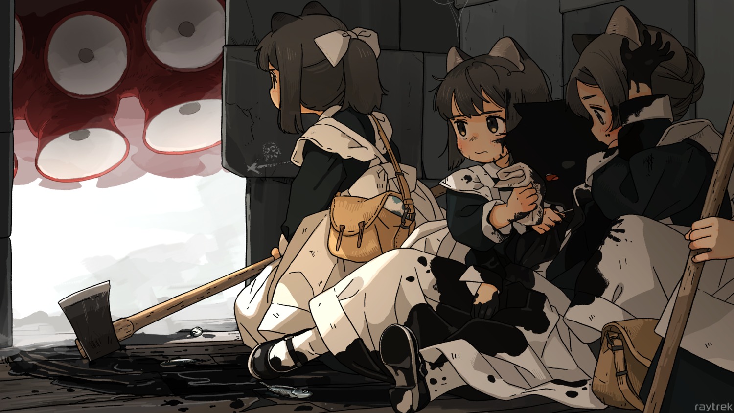 akai_sashimi, animal_ears, maid, nekomimi, tentacles, wallpaper, weapon