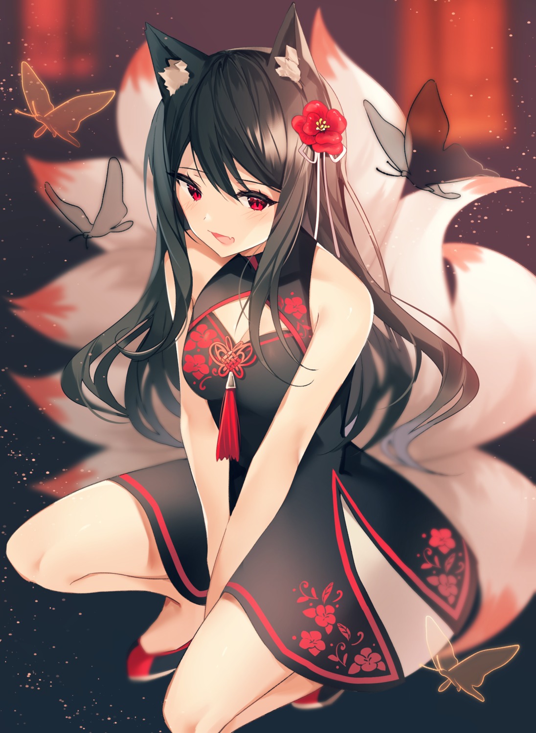 animal_ears, asian_clothes, cleavage, kitsune, skirt_lift, tail, yuhi_(hssh_6)