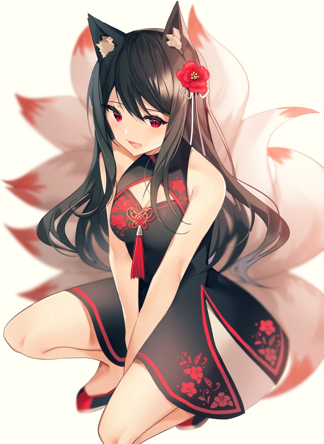 animal_ears, asian_clothes, cleavage, kitsune, skirt_lift, tail, yuhi_(hssh_6)