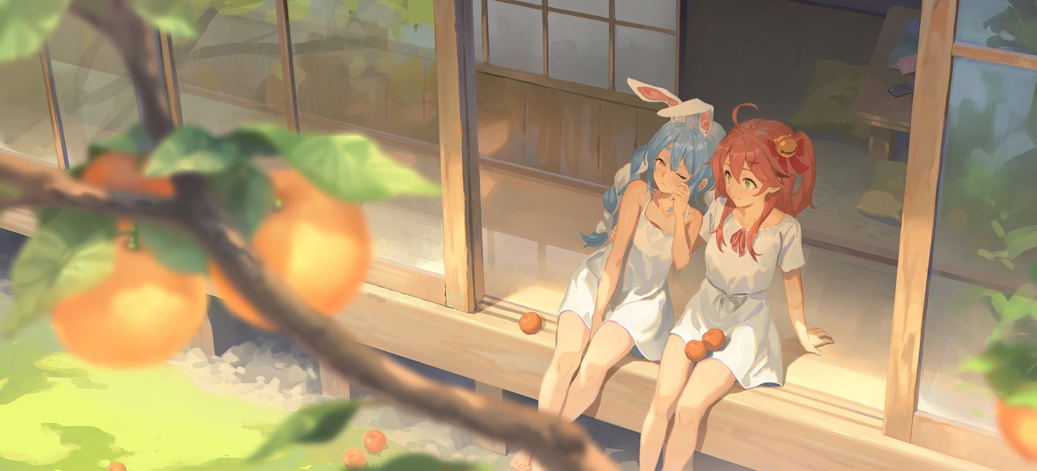 animal_ears, bunny_ears, dress, hololive, ruien, sakura_miko, summer_dress, usada_pekora