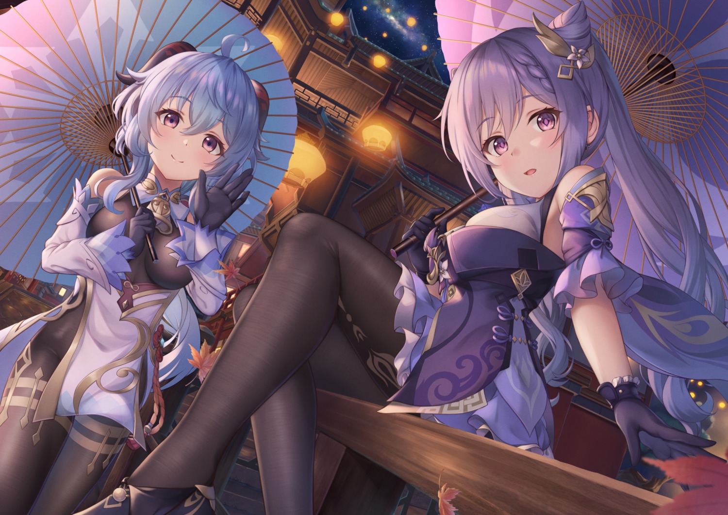 asian_clothes, bodysuit, ganyu, genshin_impact, horns, keqing, pantyhose, skirt_lift, umbrella, yuririn_poi