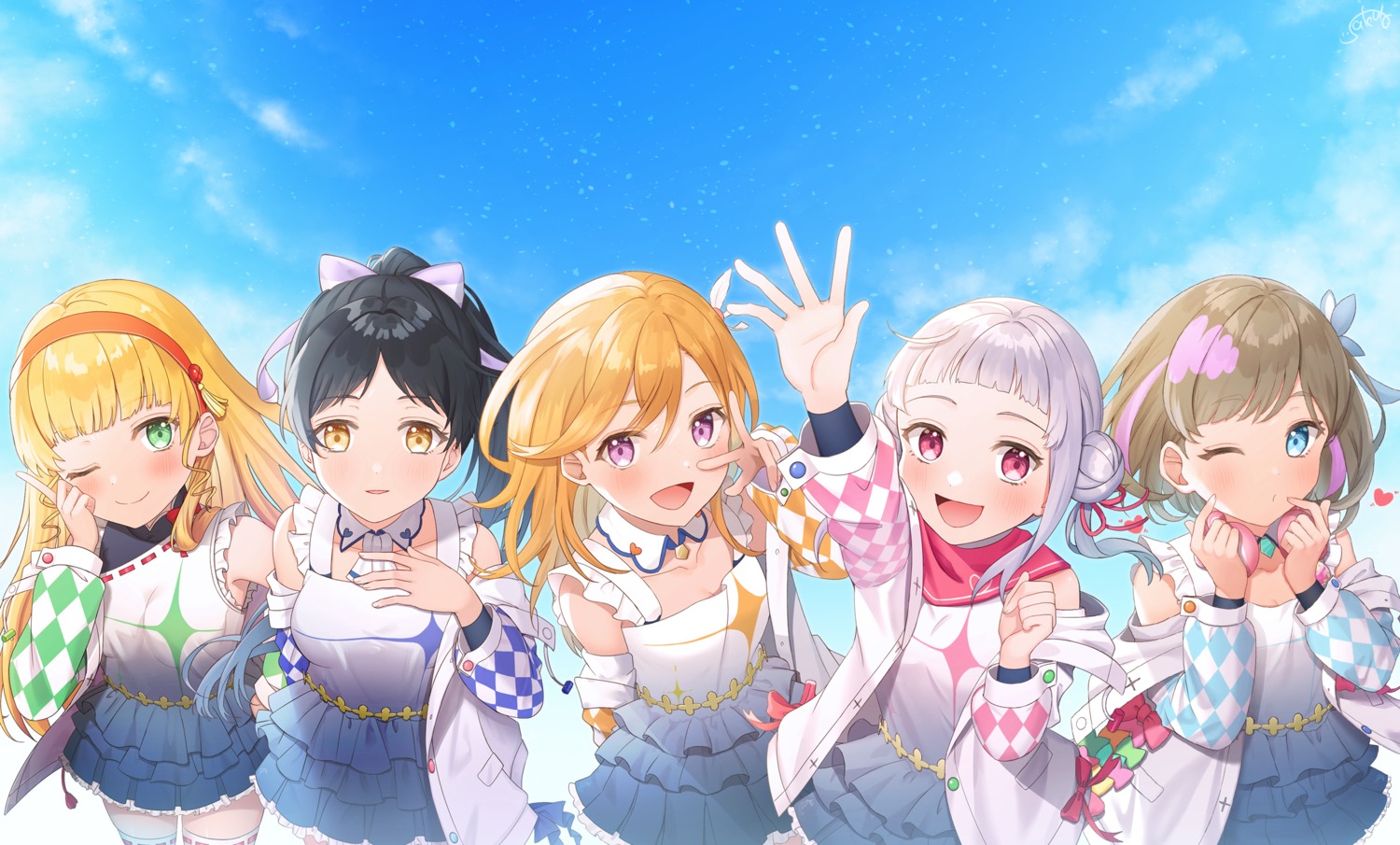 arashi_chisato, breast_hold, cleavage, hazuki_ren, headphones, heanna_sumire, love_live!_(series), love_live!_superstar!!
