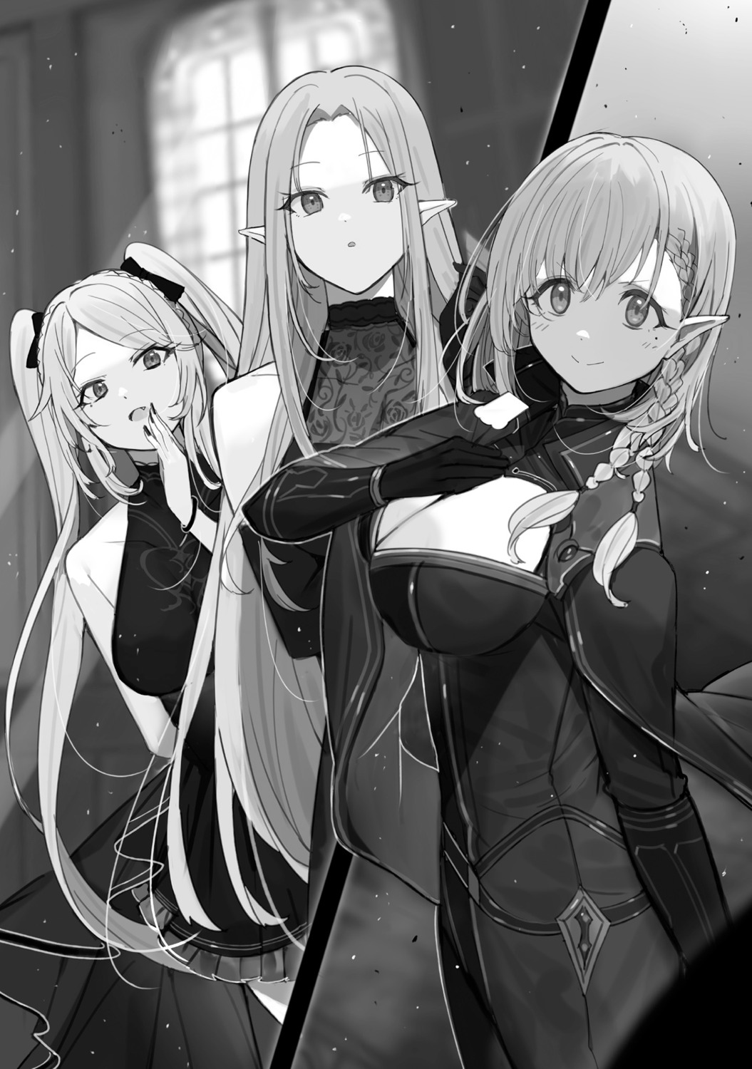 alpha_(kagejitsu), beta_(kagejitsu), bodysuit, dress, elf, epsilon_(kagejitsu), kage_no_jitsuryokusha_ni_naritakute!, monochrome