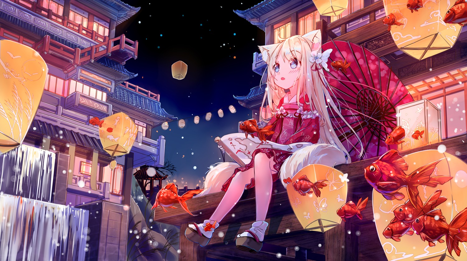 animal_ears, asian_clothes, nekomimi, peas_(peas0125), tail, umbrella