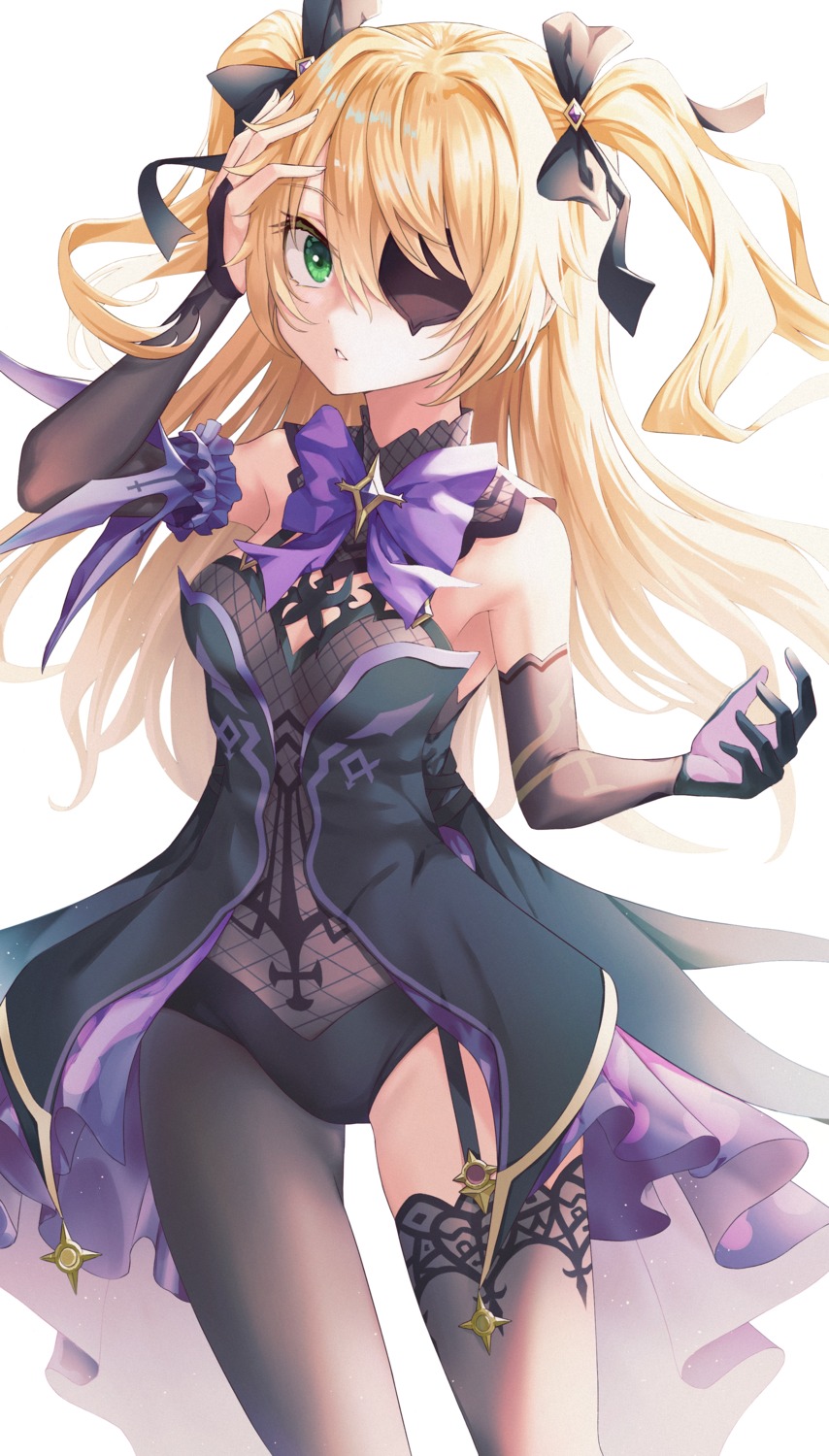 eyepatch, fischl, fishnets, genshin_impact, kim_nag-seo, leotard, no_bra, stockings, thighhighs