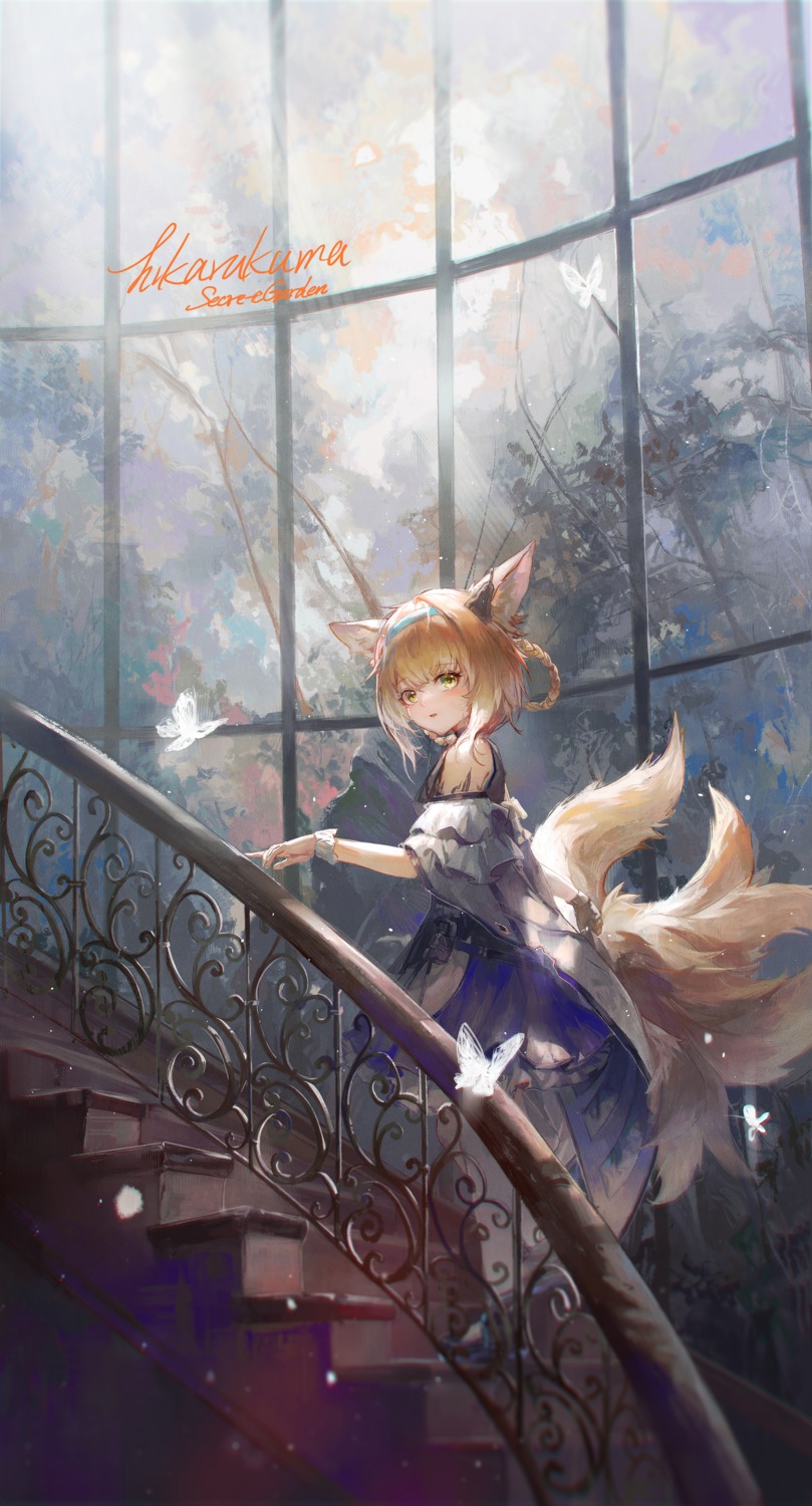 animal_ears, arknights, daylightallure, dress, kitsune, suzuran_(arknights), tail