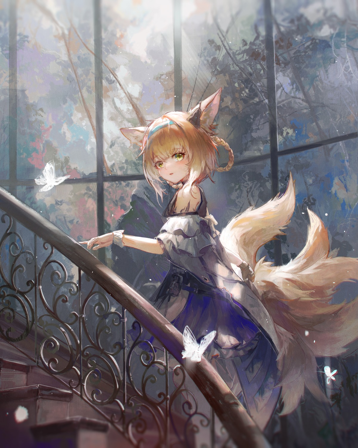 animal_ears, arknights, daylightallure, dress, kitsune, suzuran_(arknights), tail