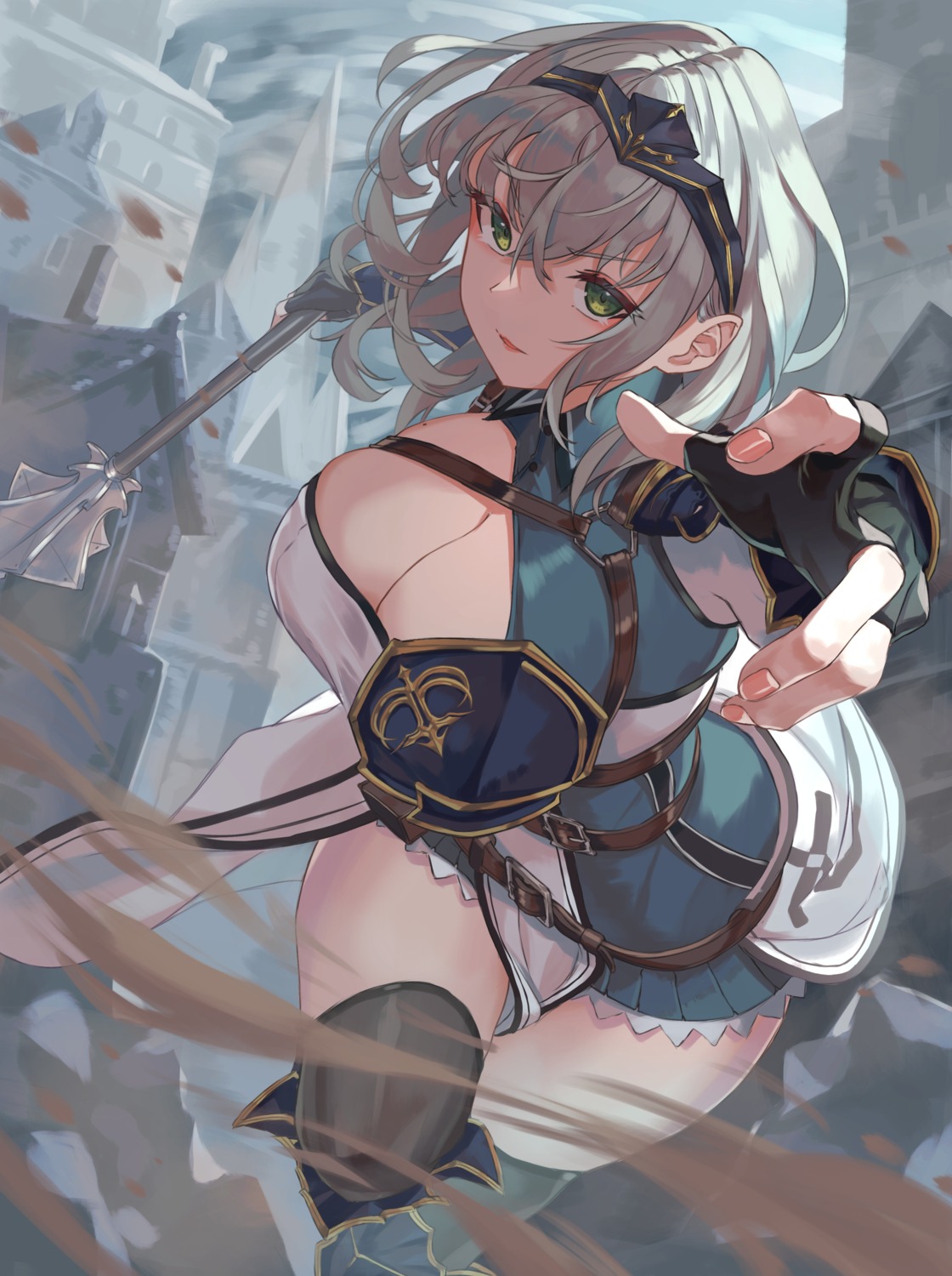 armor, cleavage, hololive, roco_(rocoroco1115), shirogane_noel, thighhighs, weapon