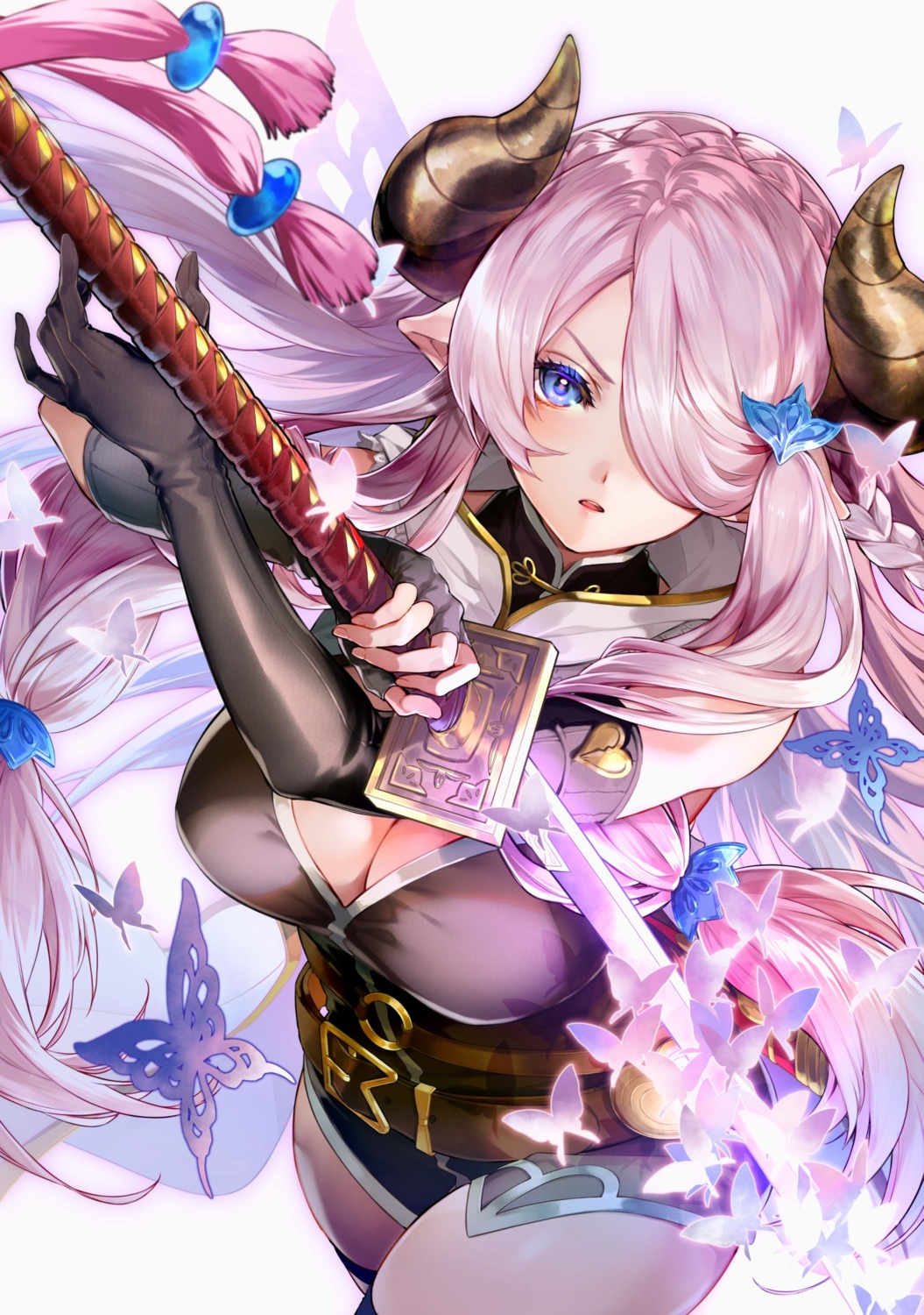 cleavage, granblue_fantasy, horns, narumeia_(granblue_fantasy), pointy_ears, sanbabasanba, sword, thighhighs