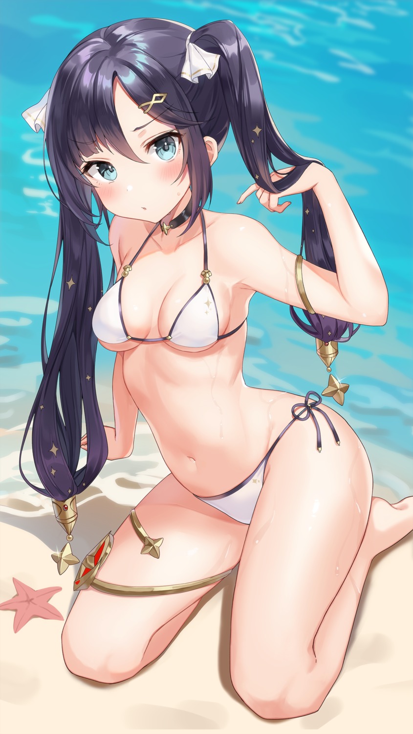 bikini, garter, genshin_impact, mona_megistus, pn_(wnsl216), swimsuits, underboob, wet