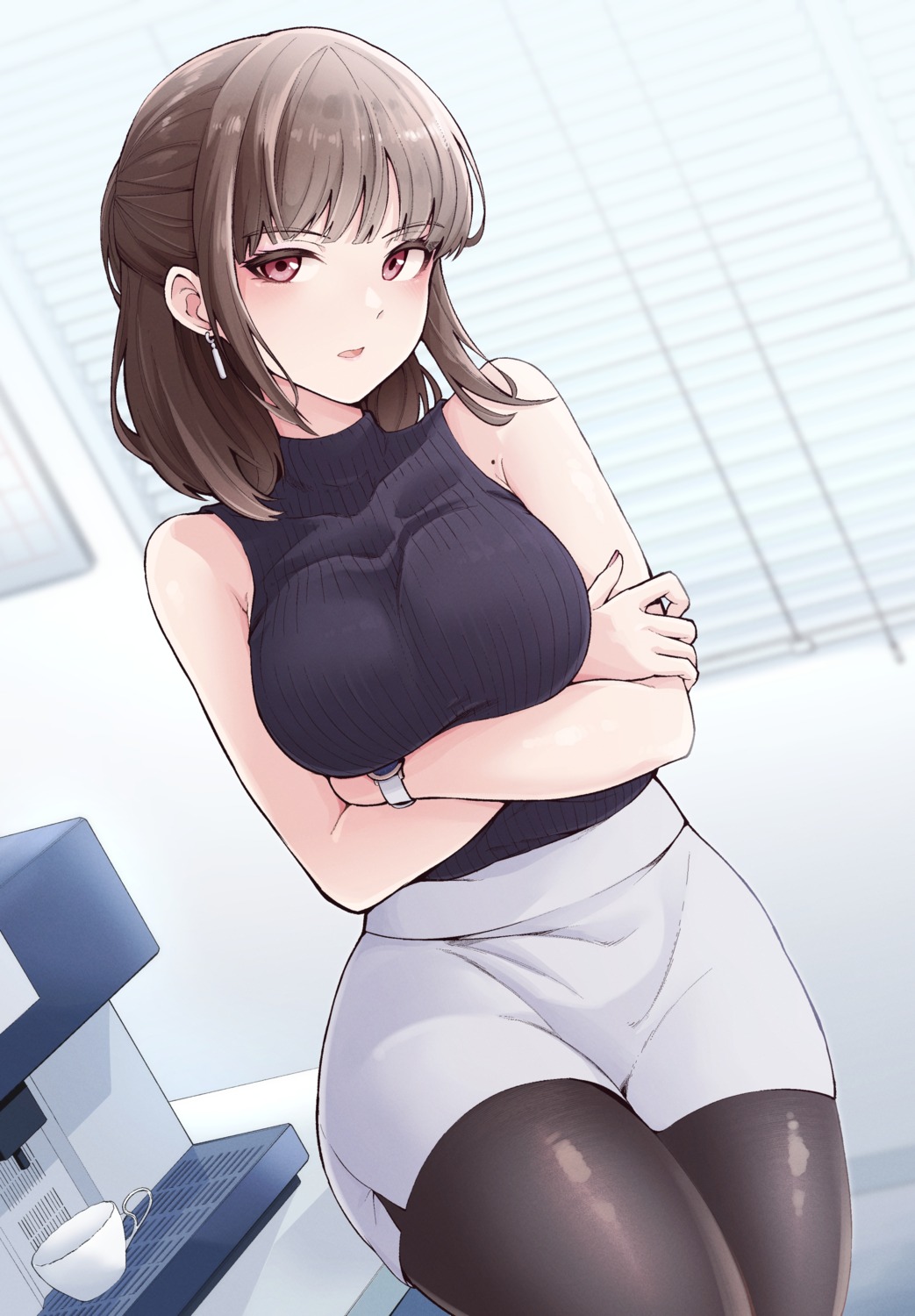 breast_hold, pantyhose, sweater, tokufumi
