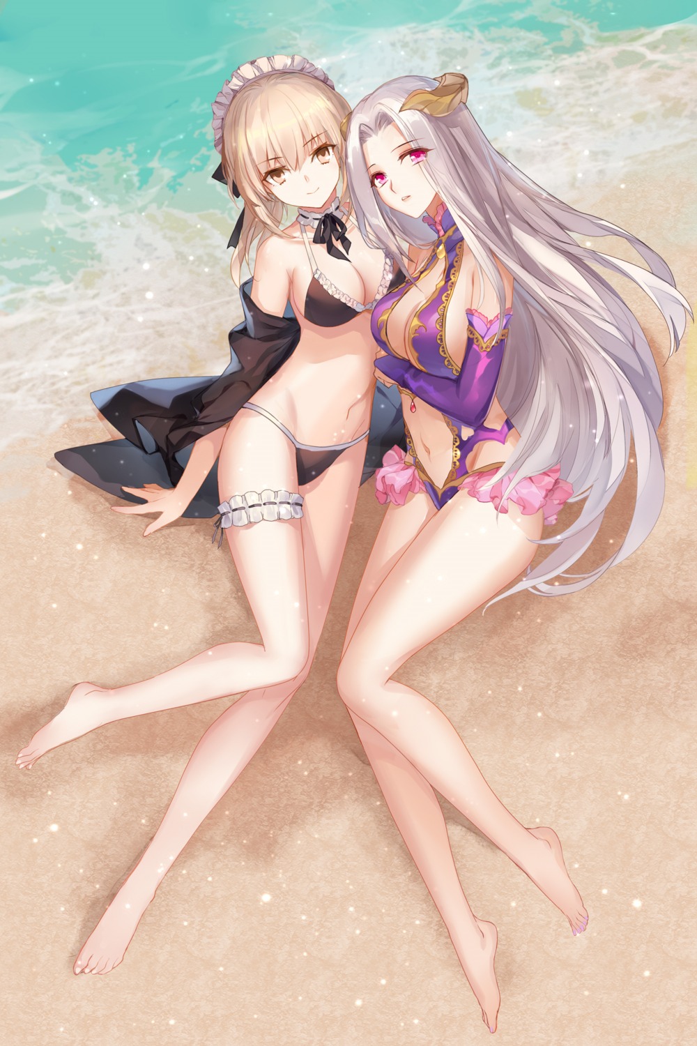 artoria_pendragon_(fate), artoria_pendragon_alter_(fate), bikini, breast_hold, fate/stay_night, fate/zero, garter, gekka_nanako