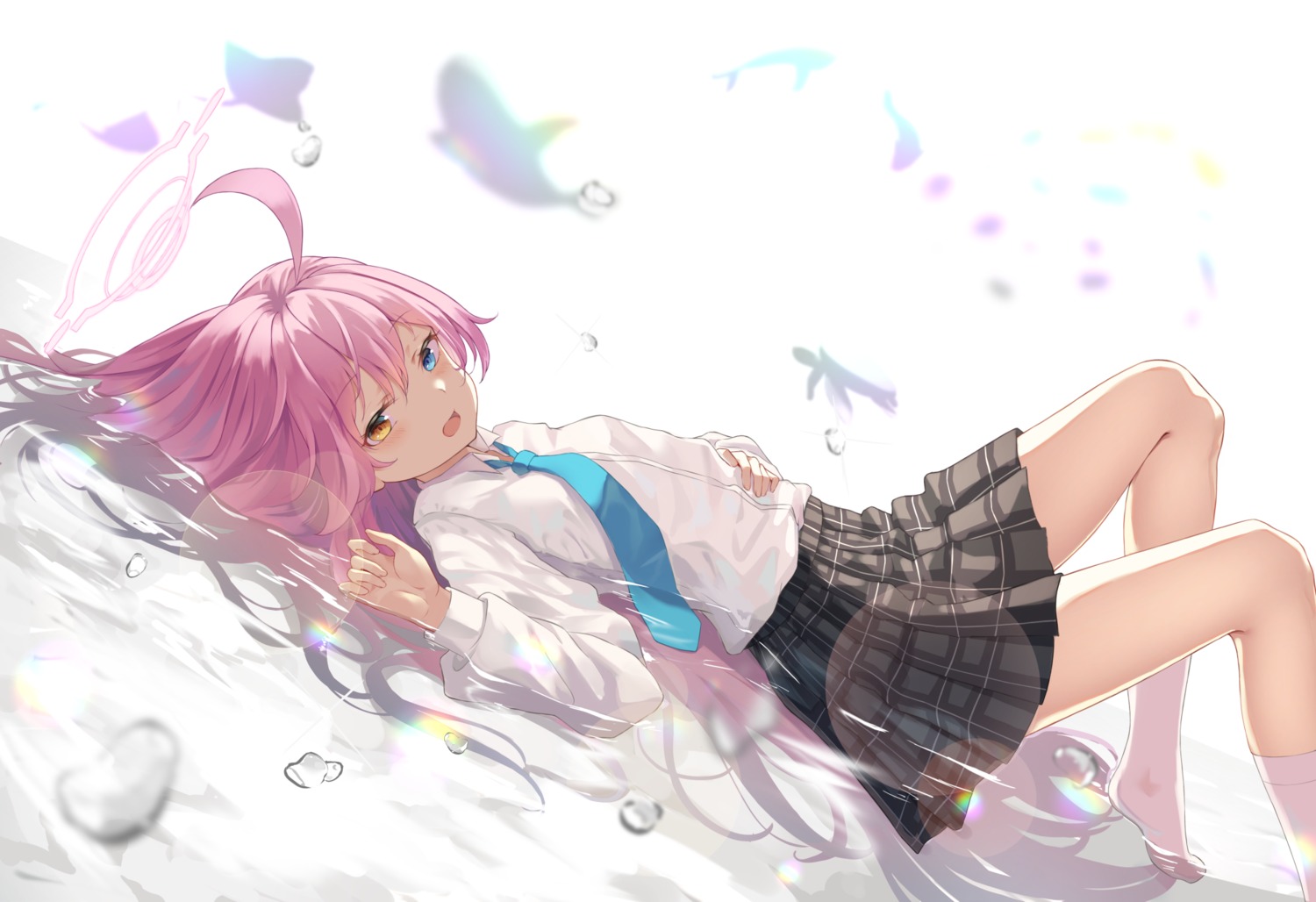 blue_archive, halo, heterochromia, seifuku, shands, skirt_lift, takanashi_hoshino, wet