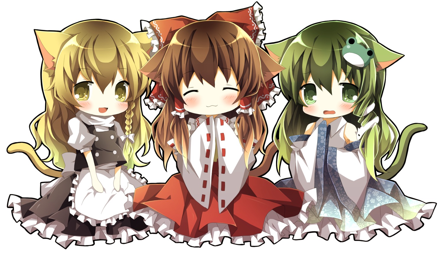 animal_ears, chibi, chiruku, hakurei_reimu, kirisame_marisa, kochiya_sanae, nekomimi, tail, touhou