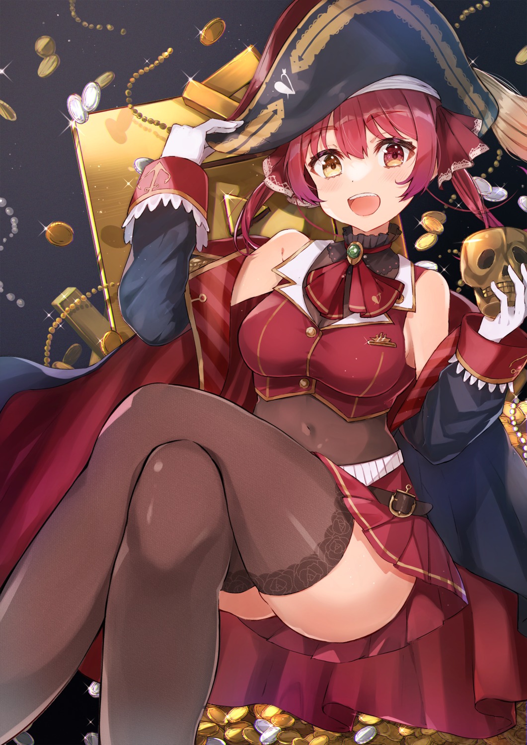 haru_yu, heterochromia, hololive, houshou_marine, pirate, skirt_lift, thighhighs