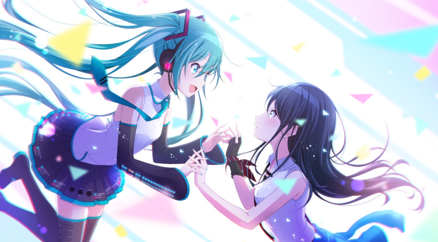 hatsune_miku, headphones, hoshino_ichika_(project_sekai), project_sekai, skirt_lift, tagme, thighhighs, vocaloid