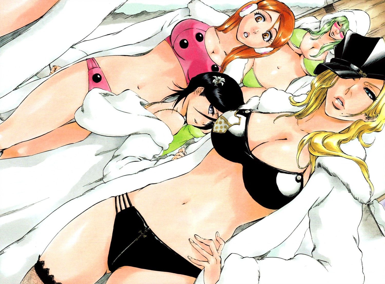 bikini, bleach, cleavage, inoue_orihime, kubo_tite, kuchiki_rukia, matsumoto_rangiku, neliel_tu_oderschvank, scanning_artifacts, swimsuits