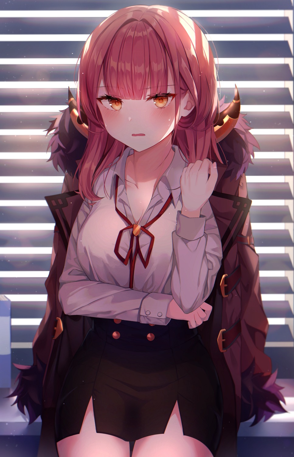 blue_archive, cleavage, horns, knowa, rikuhachima_aru