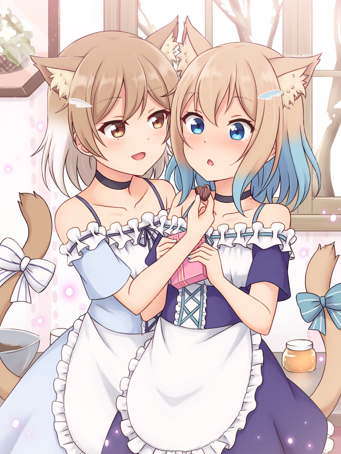 animal_ears, dress, nekomimi, shiraha_maru, tail, valentine, yuri