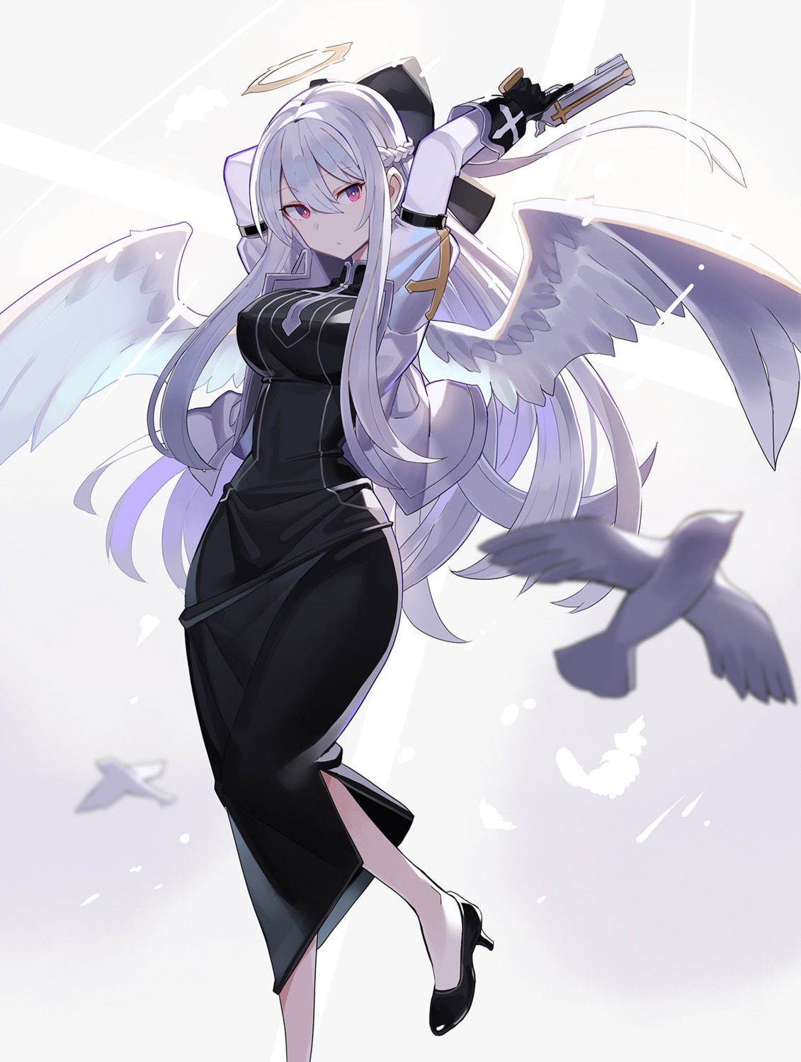 angel, dress, gun, heels, rin_falcon, wings