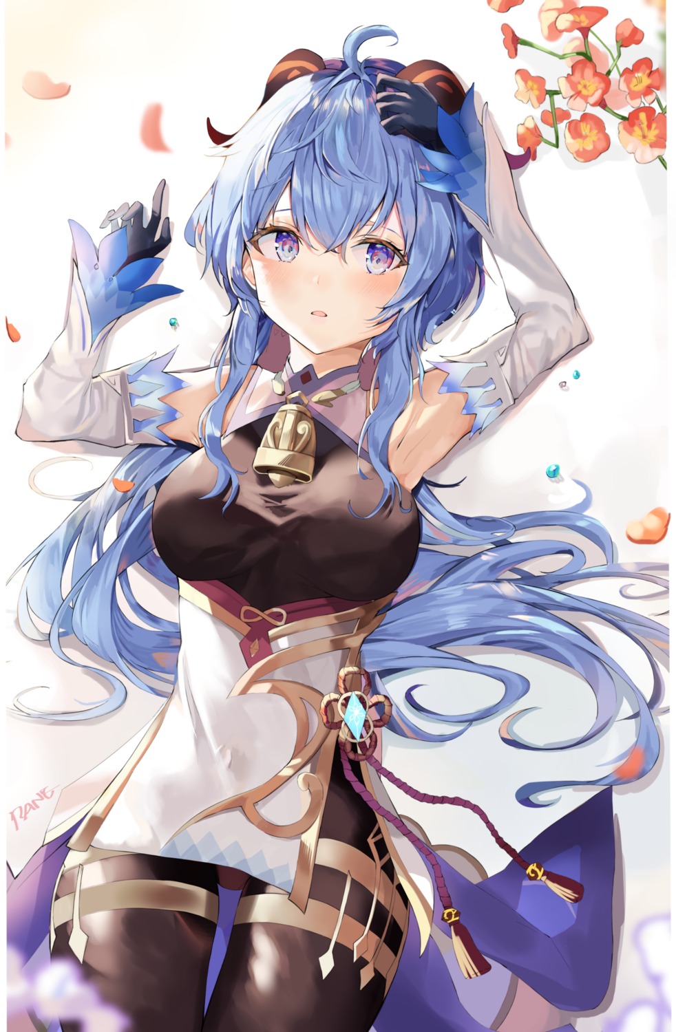 asian_clothes, ganyu, genshin_impact, harune_rane, horns, no_bra