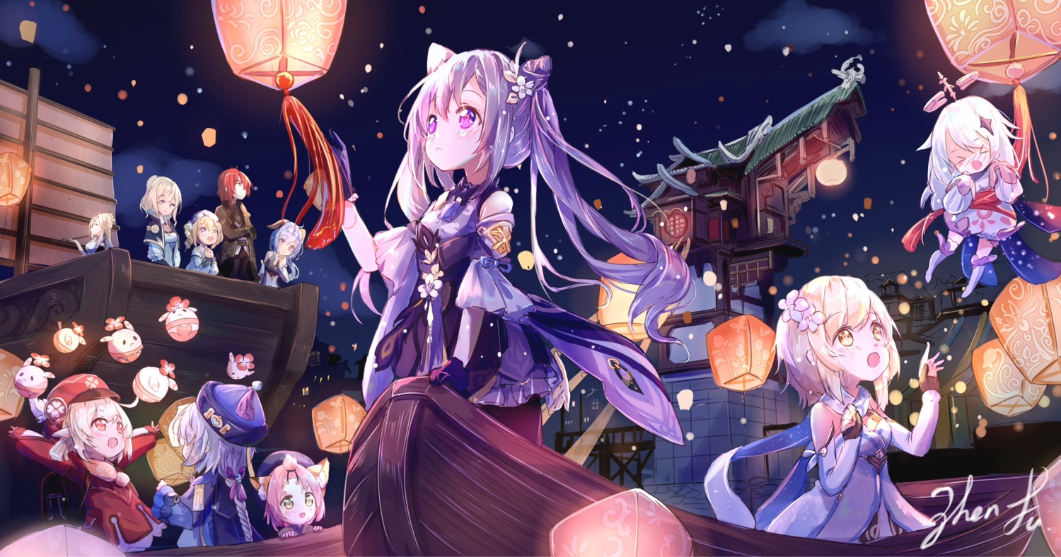 animal_ears, asian_clothes, barbara_(genshin_impact), diluc, diona, ganyu, genshin_impact, horns