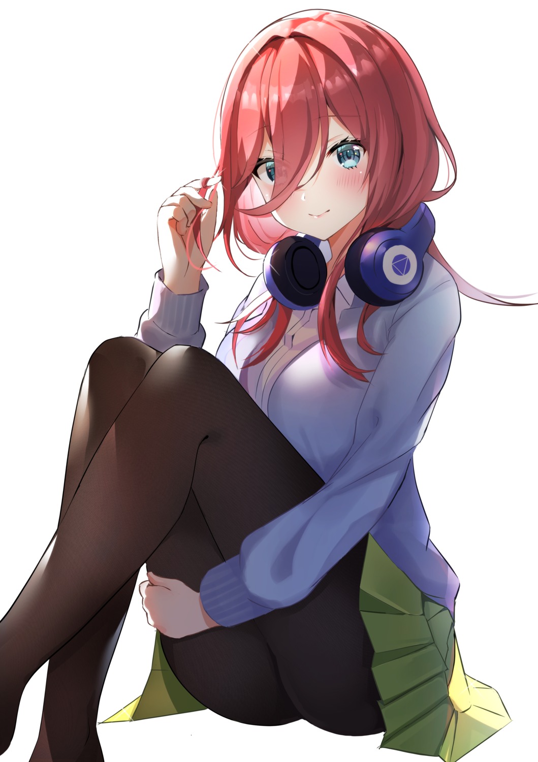 5-toubun_no_hanayome, headphones, nakano_miku, pantyhose, rei_(ilust9999), seifuku, skirt_lift, sweater