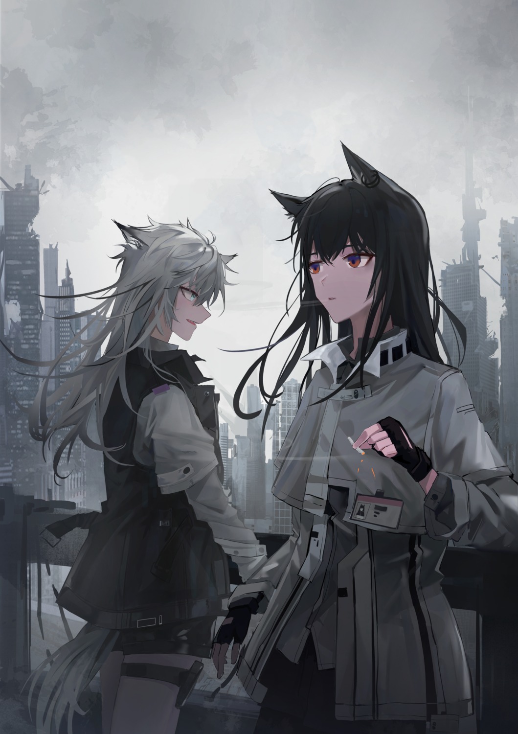 animal_ears, arknights, garter, lappland_(arknights), pantyhose, senkane, smoking, tail, texas_(arknights)