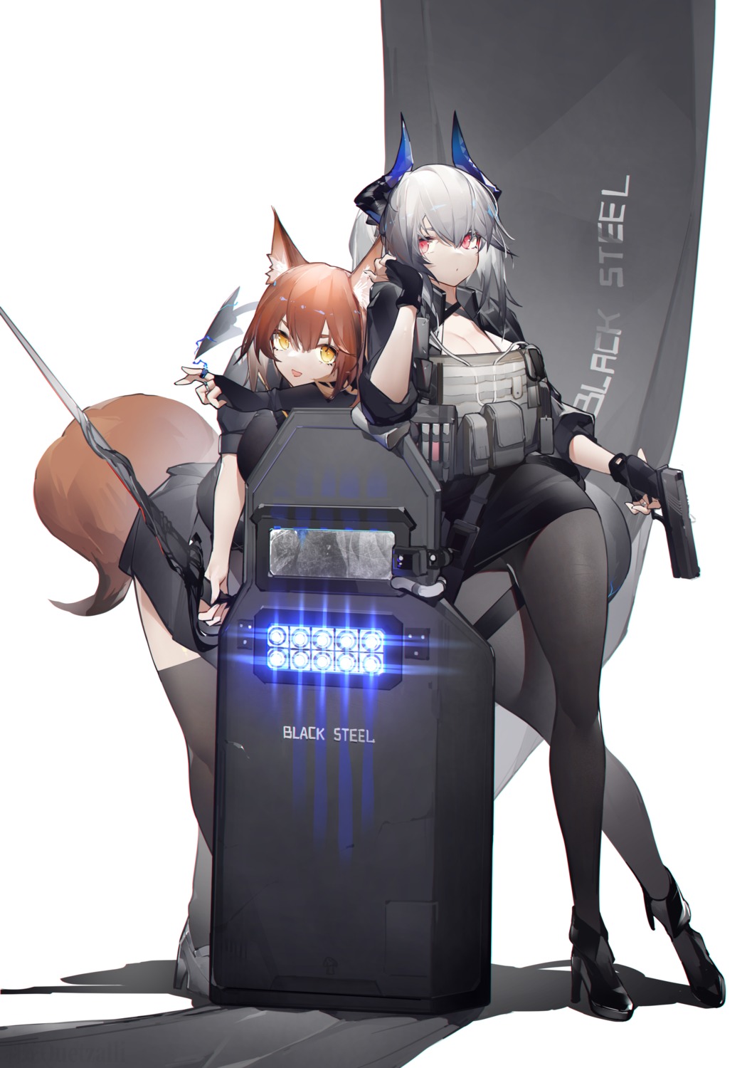 animal_ears, arknights, franka_(arknights), garter, gun, heels, horns, liskarm_(arknights), pantyhose, tail, thighhighs, yushi_quetzalli