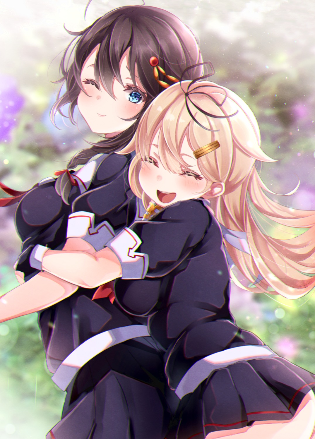 ass, kantai_collection, sa-ya, seifuku, shigure_(kancolle), skirt_lift, yuudachi_(kancolle)