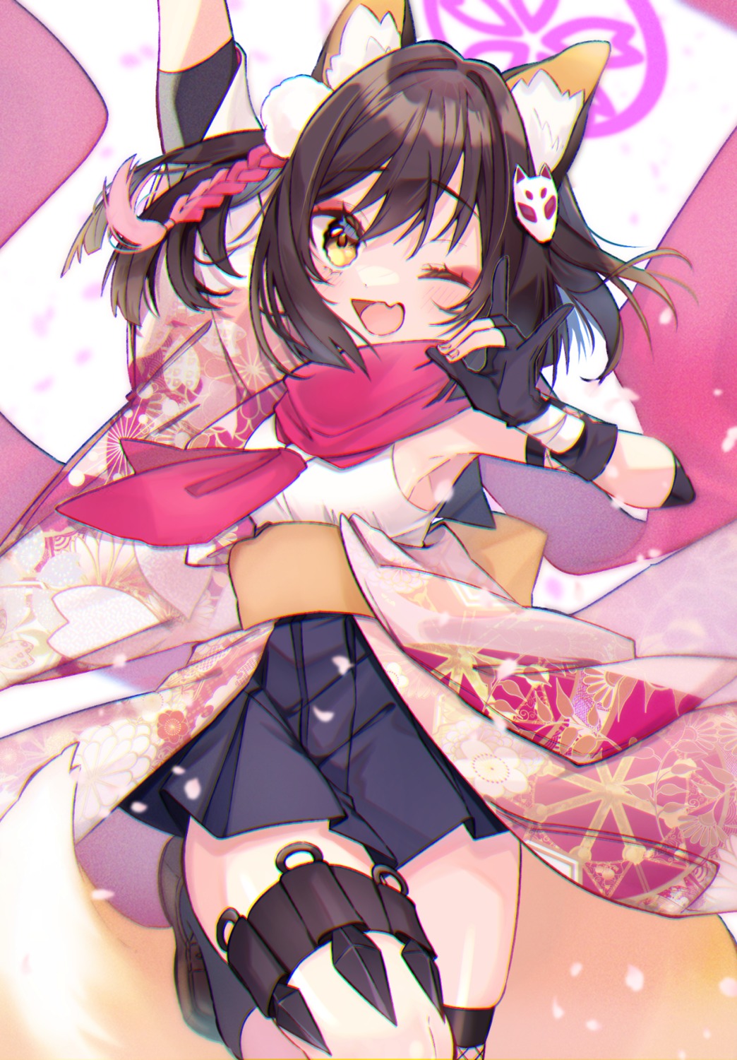 akym, animal_ears, blue_archive, garter, japanese_clothes, kitsune, kuda_izuna, ninja, tail, weapon