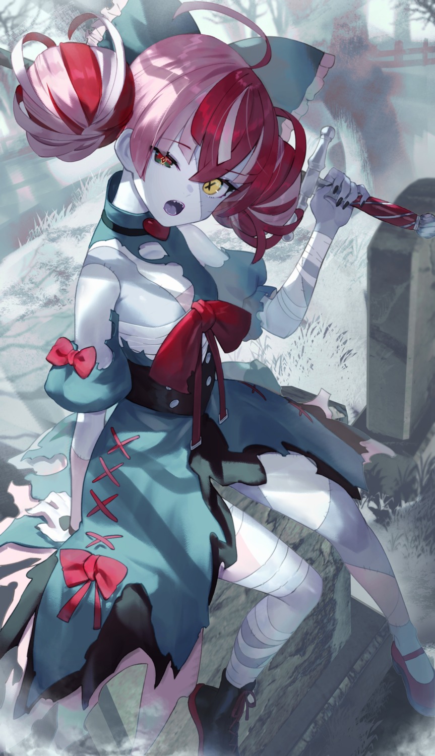 bandages, dress, heterochromia, hololive, hololive_indonesia, kureiji_ollie, monster_girl, sarashi