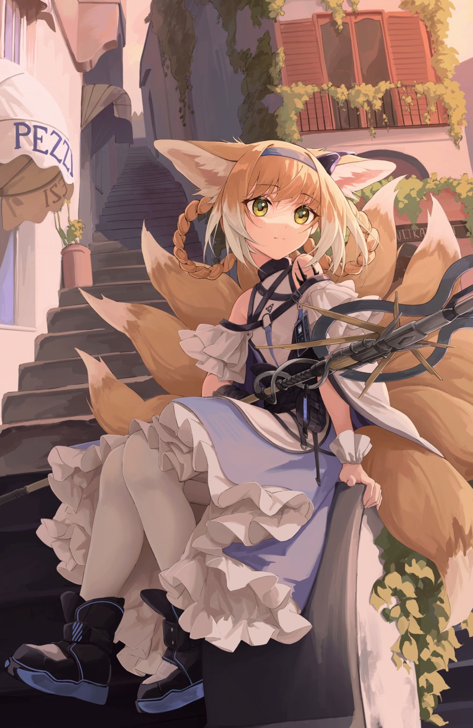 animal_ears, arknights, dress, kitsune, pantyhose, rui_(rei_leyi), skirt_lift, suzuran_(arknights), tail, weapon